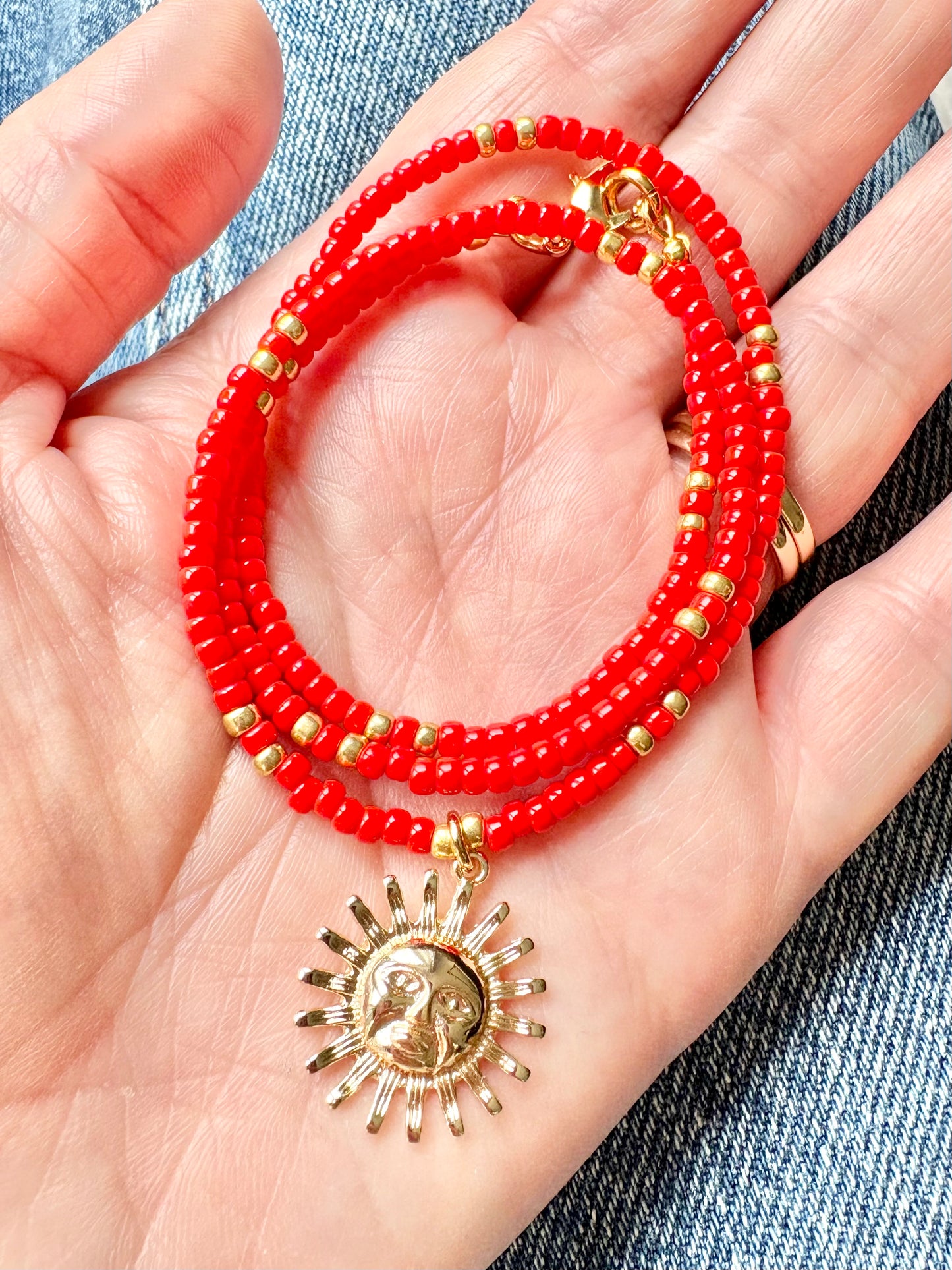 Seed Bead & Sunshine Pendant Necklace - Turquoise or Red