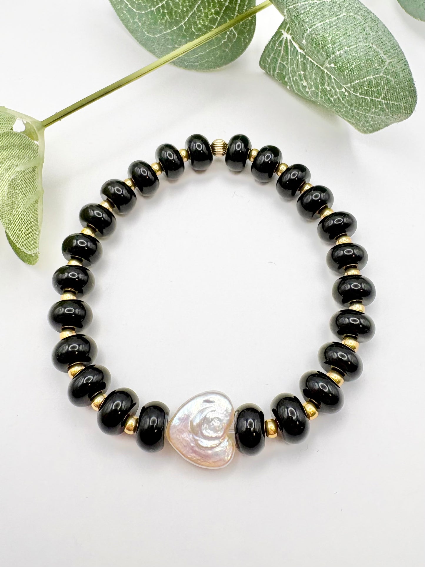 Handmade Black Onyx and Freshwater Pearl Heart Bracelet - Gold or Silver SALE