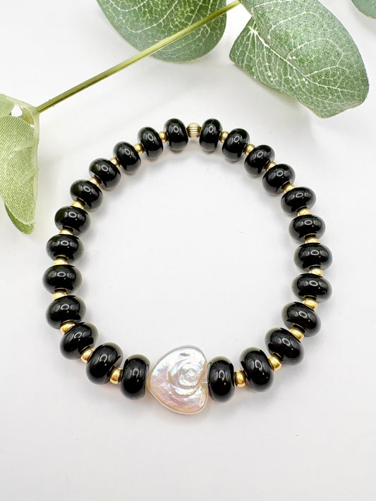 Handmade Black Onyx and Freshwater Pearl Heart Bracelet - Gold or Silver SALE