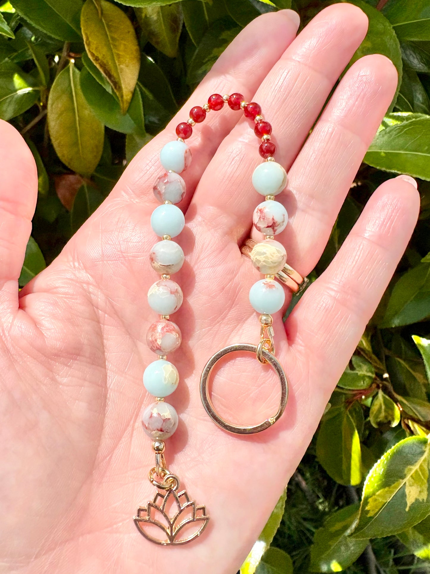 Breathing Beads Keyring - Aqua Terra Jasper With Carnelian