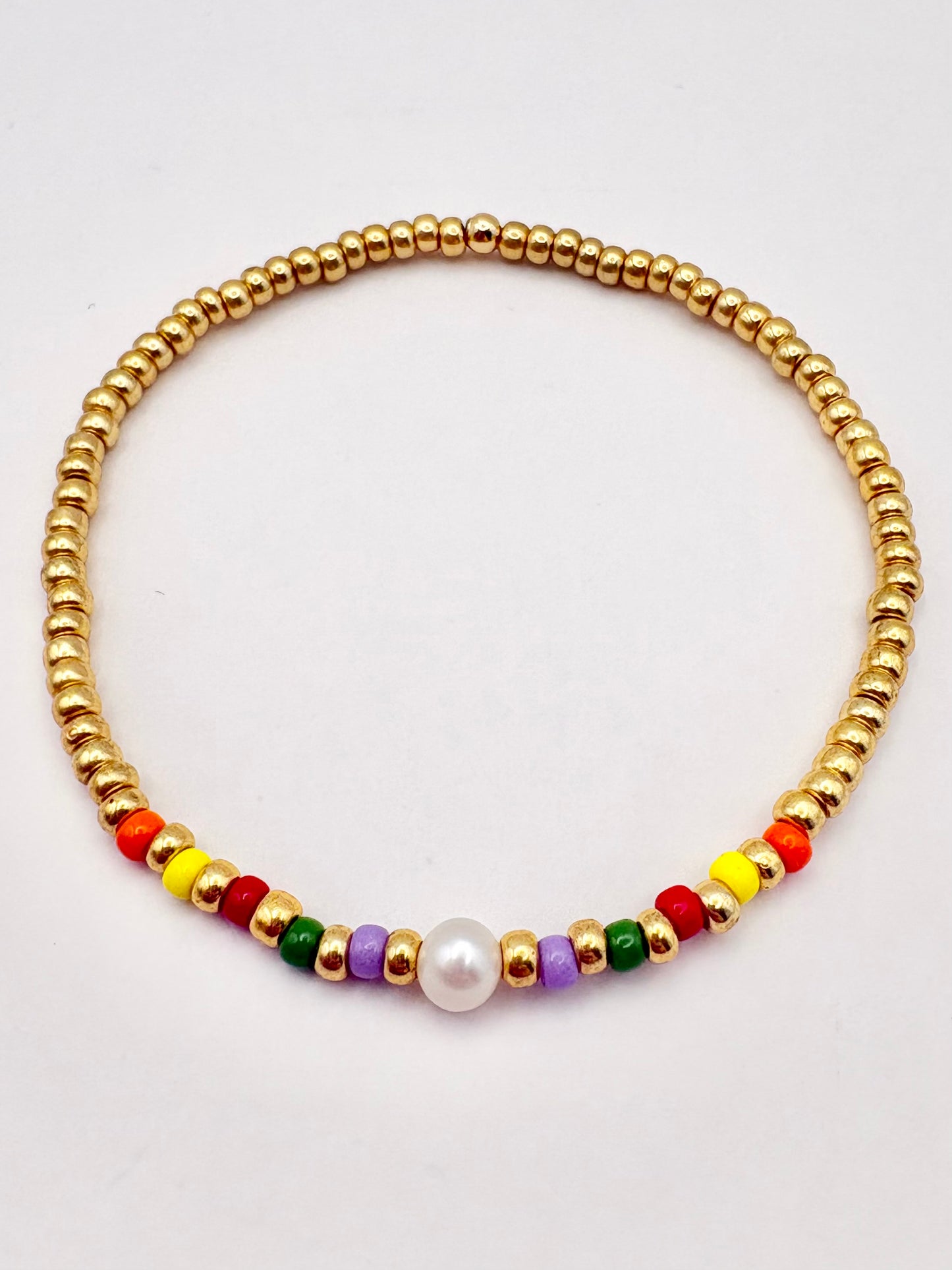 Colourful Seed Bead & Freshwater Pearl Bracelet - Gold