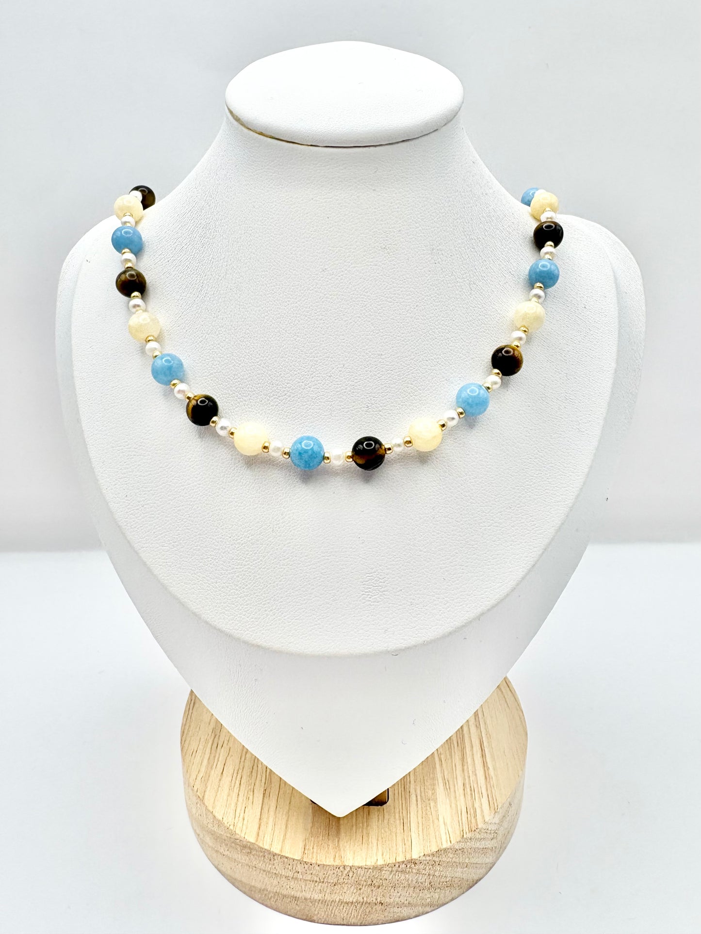 Tigers Eye, Honey Jade, Blue Sponge Quartz & Freshwater Pearl Necklace