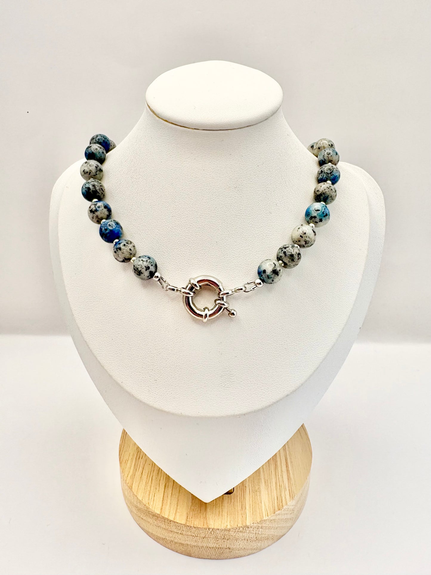Grey and Blue K2 Raindrop Azurite Gemstone Necklace, Spring Clasp
