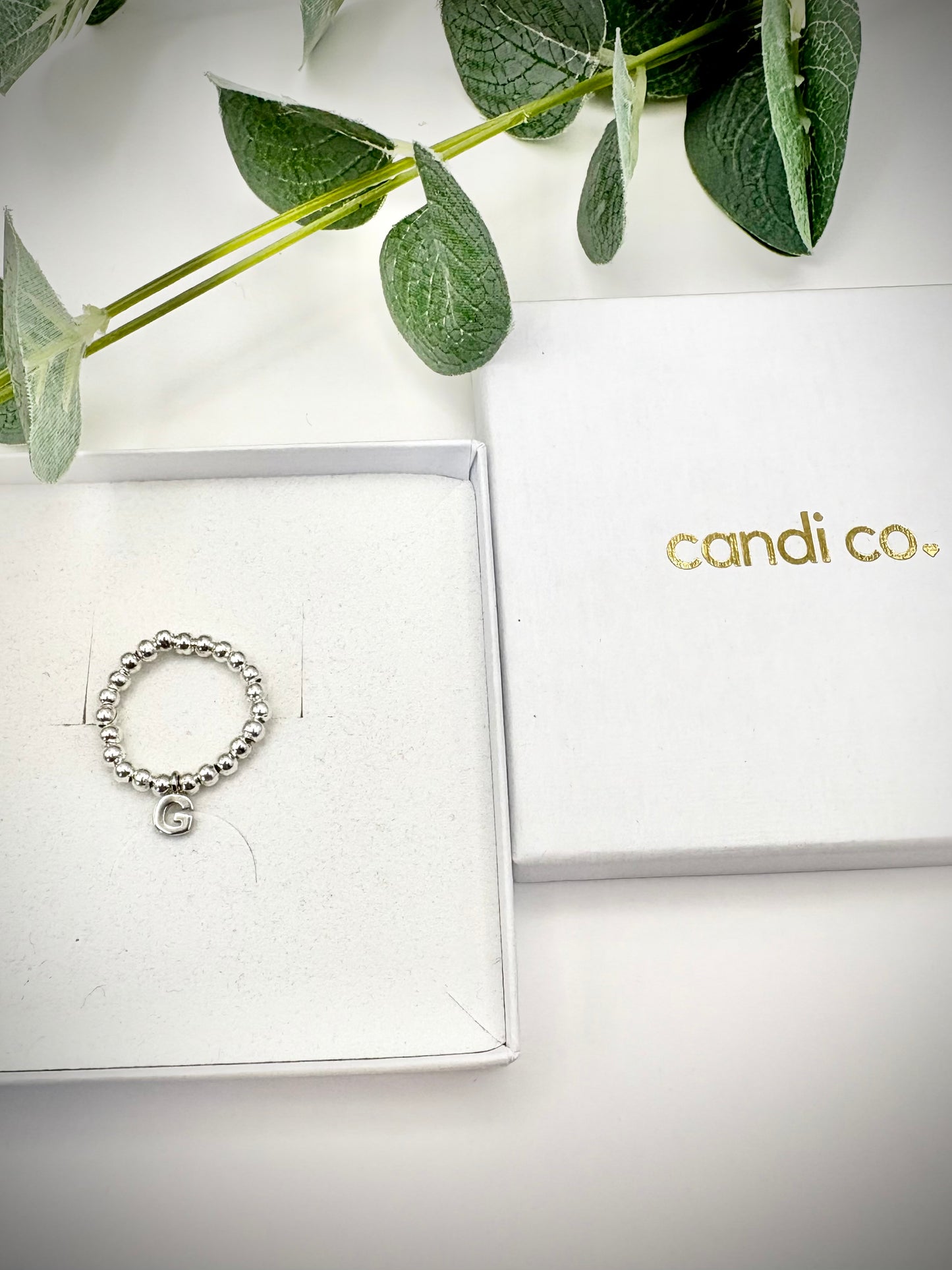 Beaded Stretch Ring with Initial - Gold or Silver-Plated