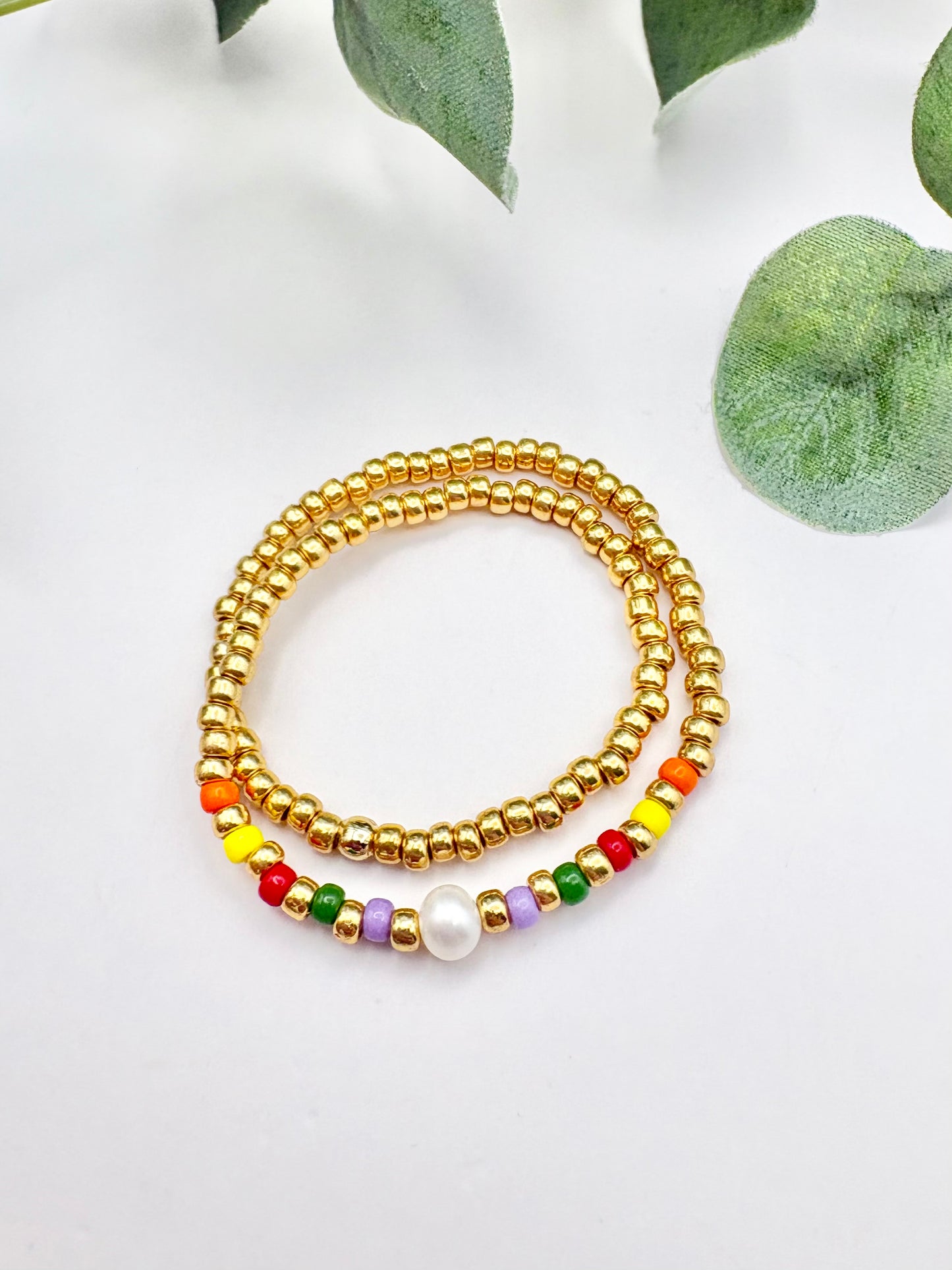 Colourful Seed Bead & Freshwater Pearl Anklet - Gold