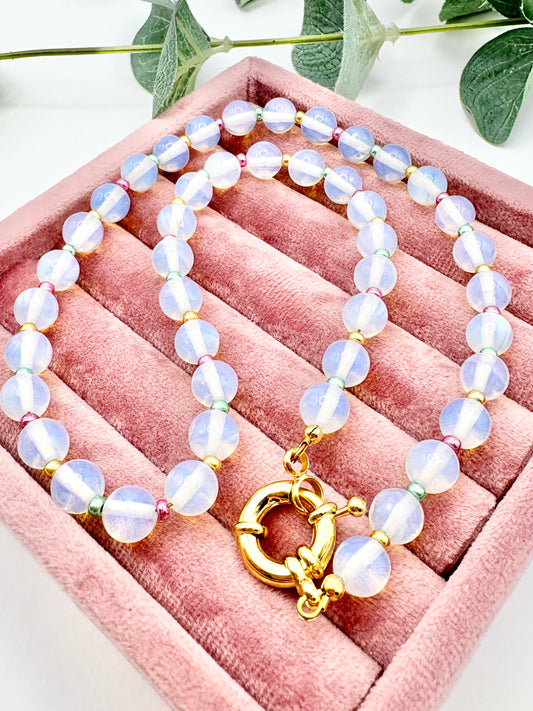 Handmade Opalite and Seed Beaded Necklace - Gold-Plated