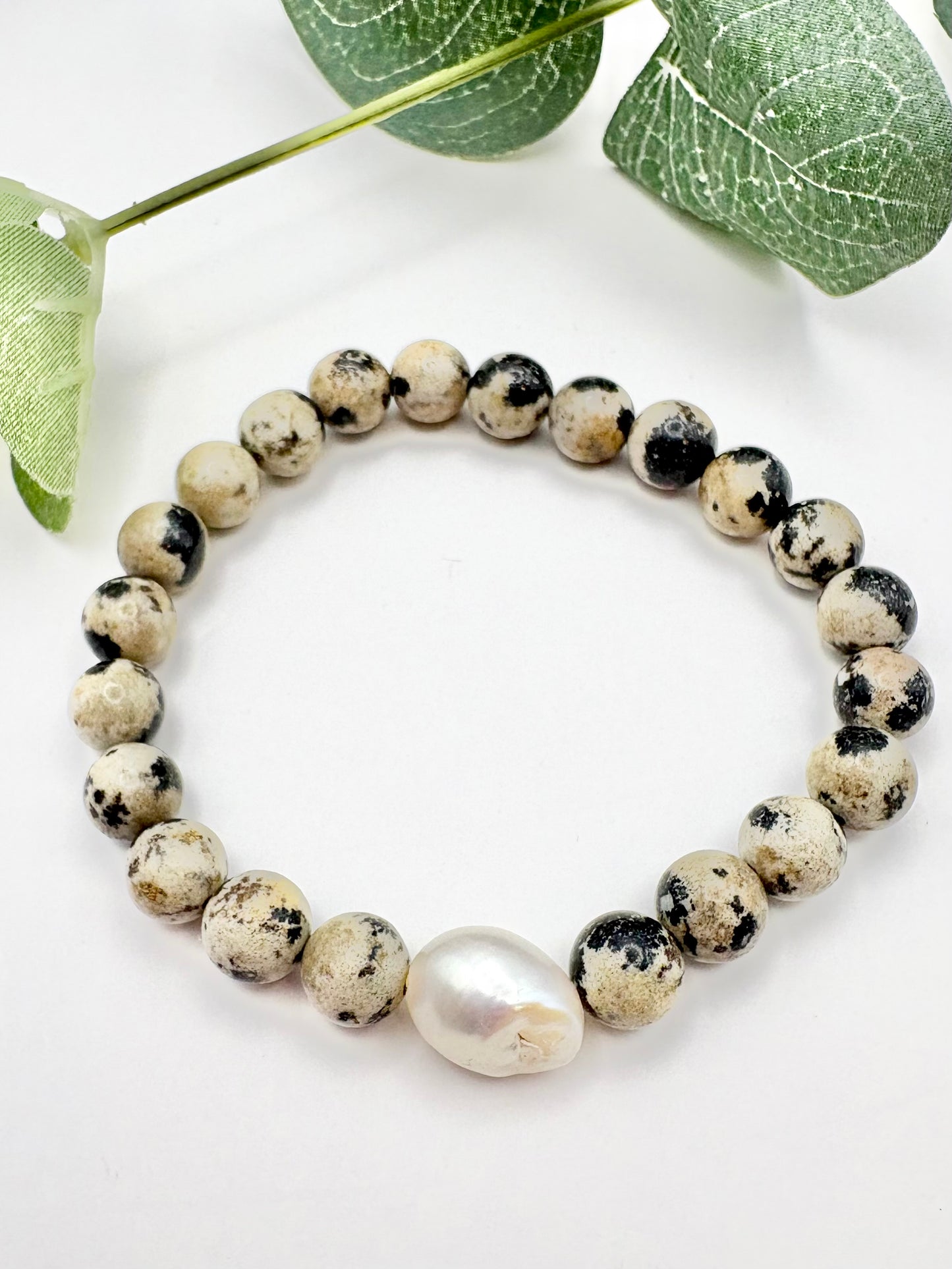 Handmade Dalmatian Jasper and Freshwater Pearl Bracelet SALE