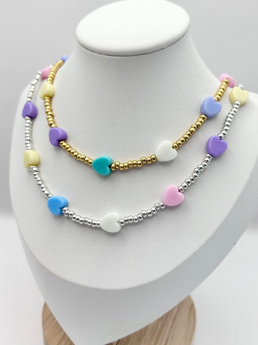Pastel Heart Charm Seed Bead Necklace Kids - Gold or Silver