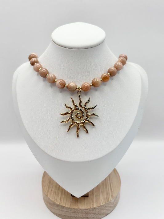 Sunstone Gemstone Sunburst Charm Necklace