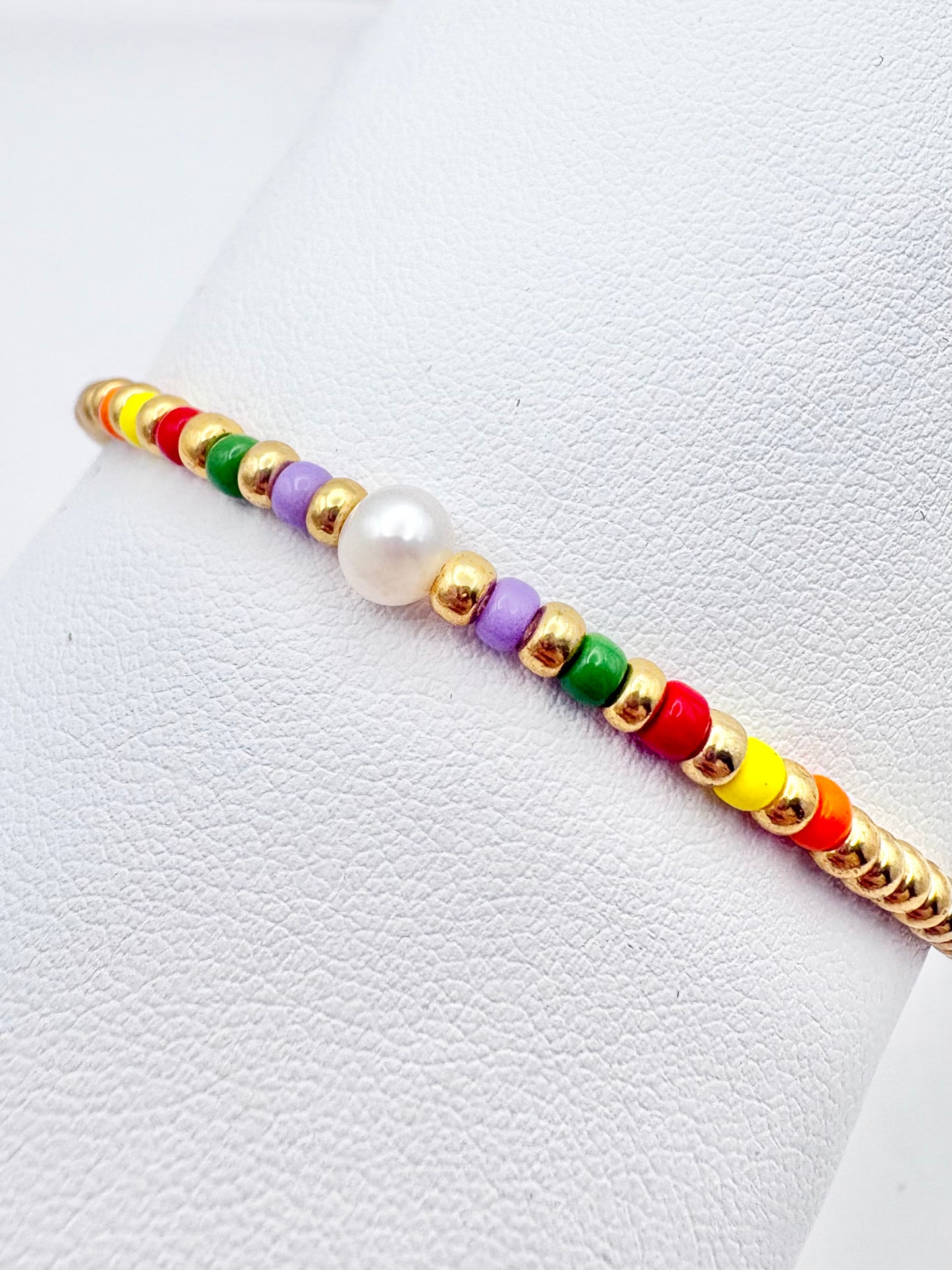 Colourful Seed Bead & Freshwater Pearl Anklet - Gold