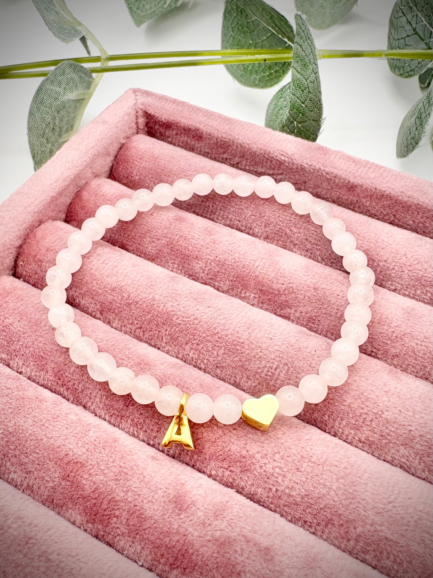 Handmade Rose Quartz Gemstone Bracelet with Initial and Heart Charm - Gold or Silver-Plated