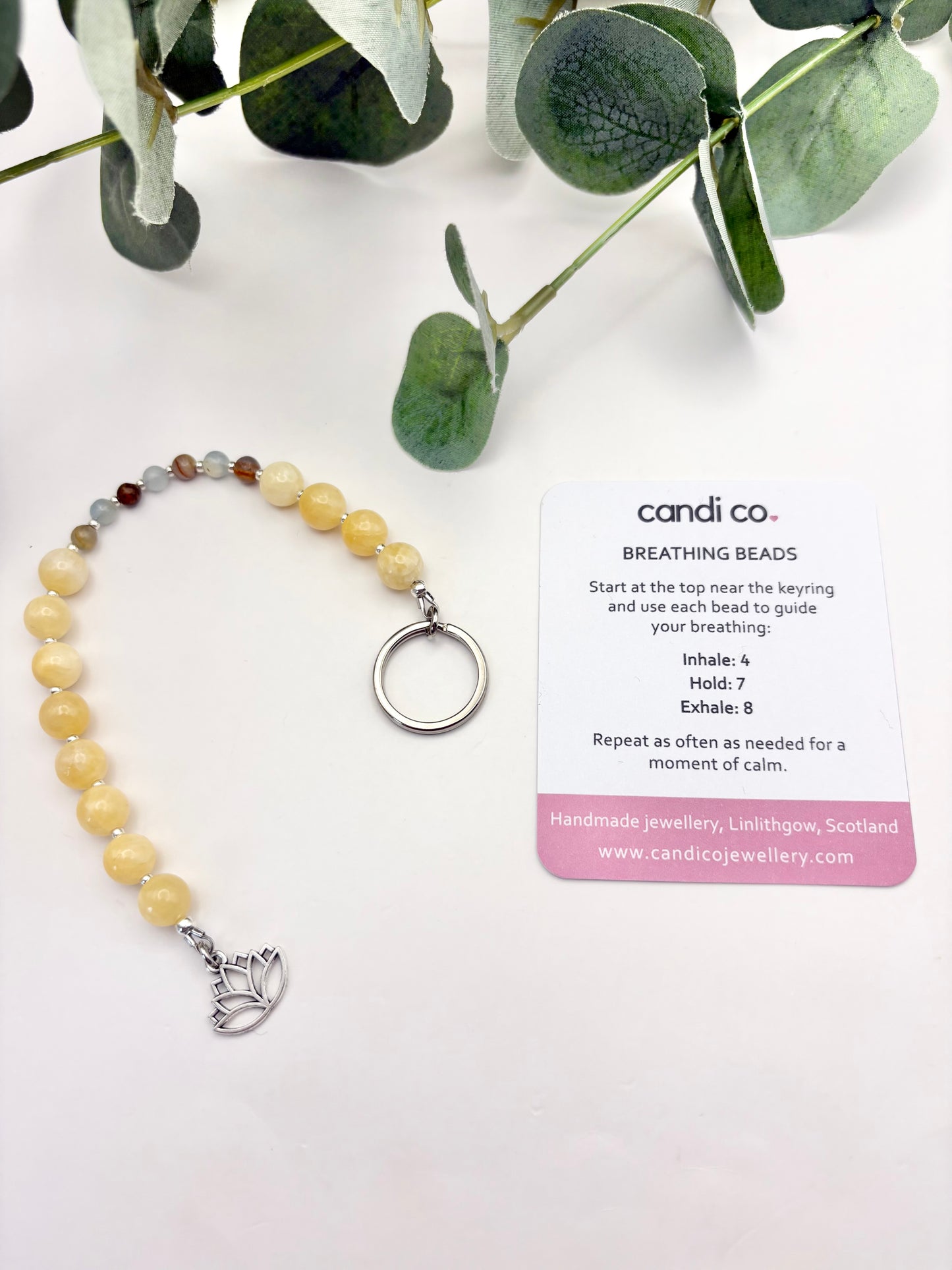 Breathing Beads Keyring - Honey Jade With Lemurian Aquatine Calcite