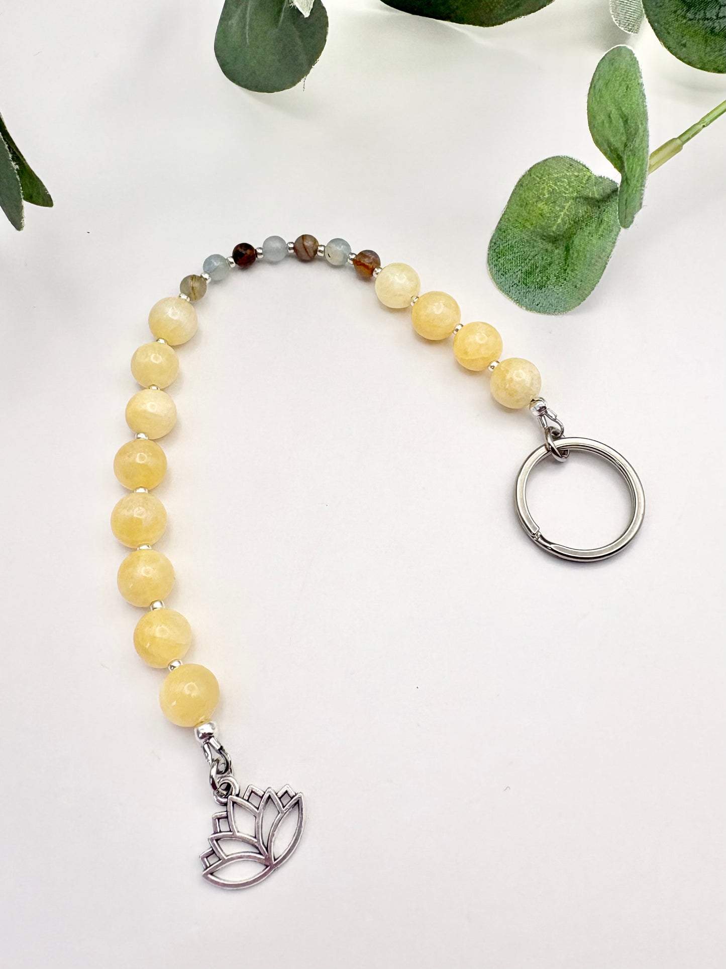 Breathing Beads Keyring - Honey Jade With Lemurian Aquatine Calcite
