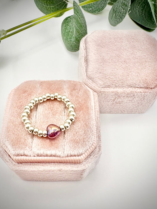 Silver 3mm Seed Beaded Stretch Ring with Czech Glass Heart Bead - Perfect For Stacking
