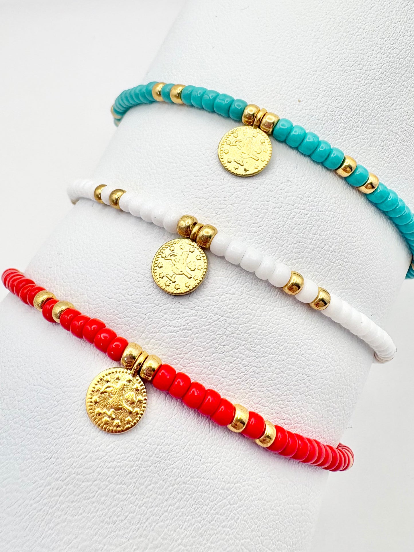 Boho Coin Seed Bead Anklet - Red, Turquoise or White