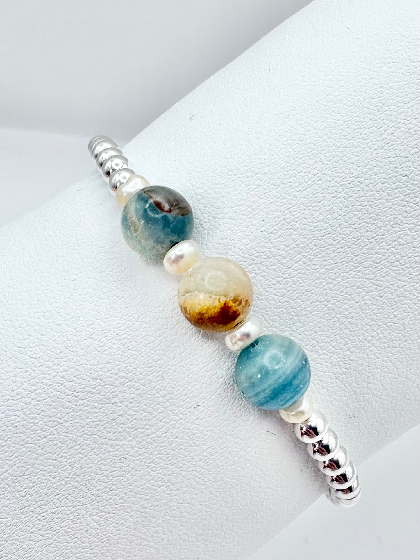 Sterling Silver Beaded Bracelet with Lemurian Aquatine Calcite & Freshwater Pearls