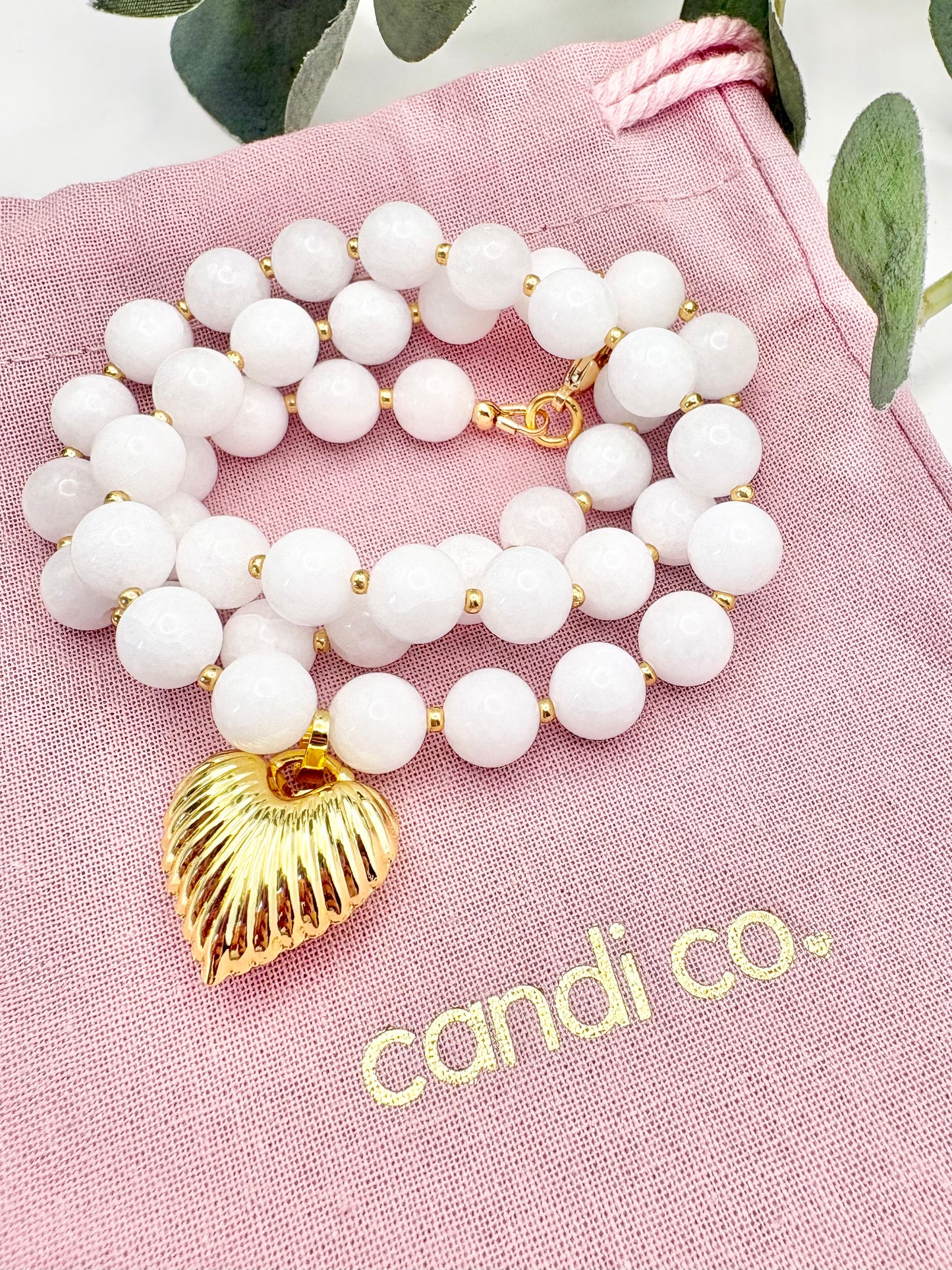 White Gemstone and Puffy Heart Pendant Necklace