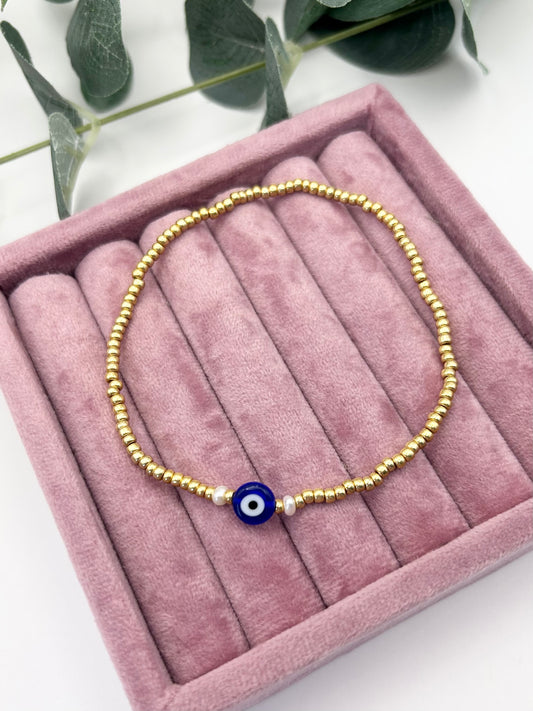Seed Bead Evil Eye Freshwater Pearl Anklet Gold or Silver-Plated