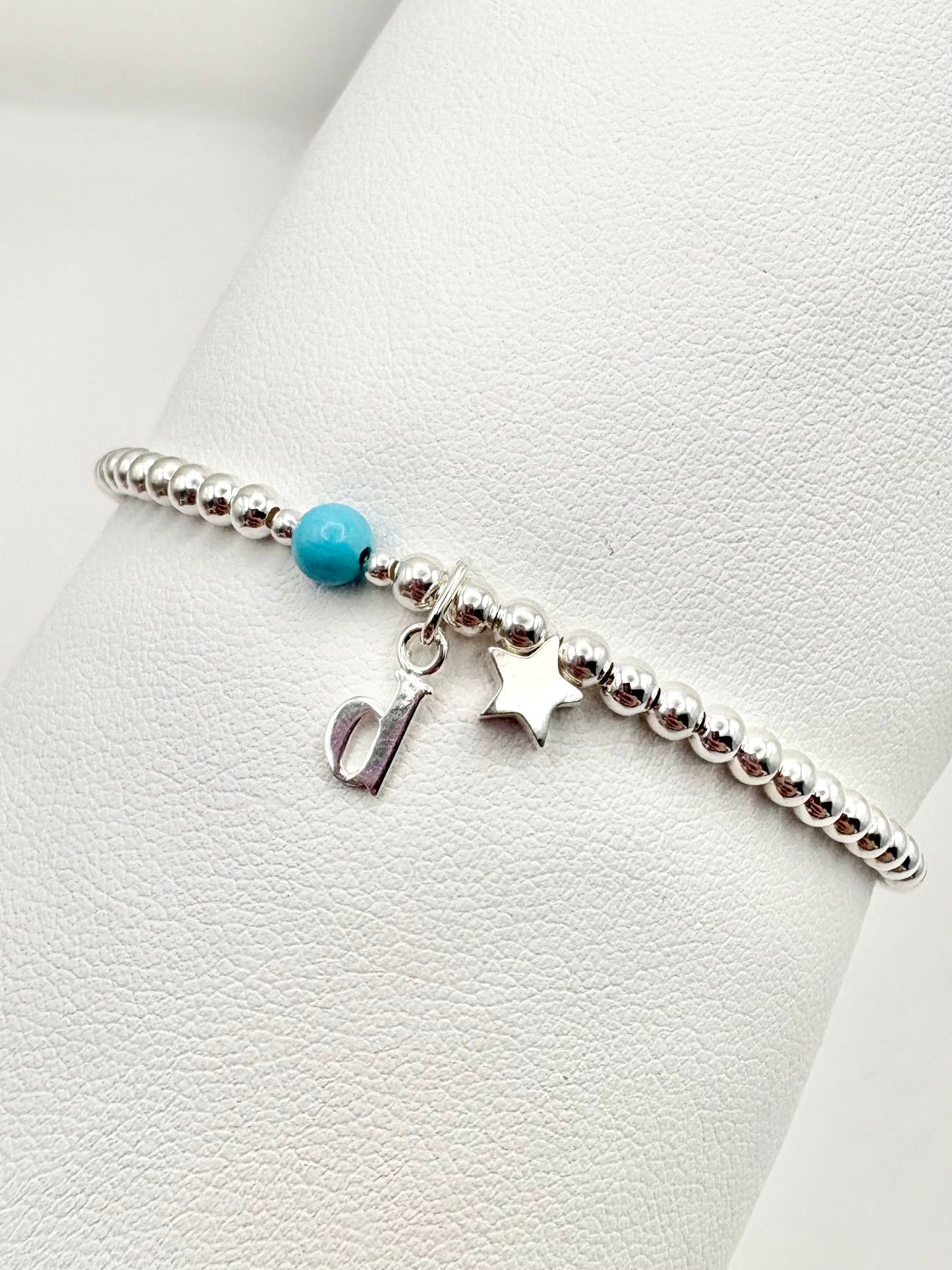 Initial, Birthstone and Charm Beaded Bracelet - Sterling Silver
