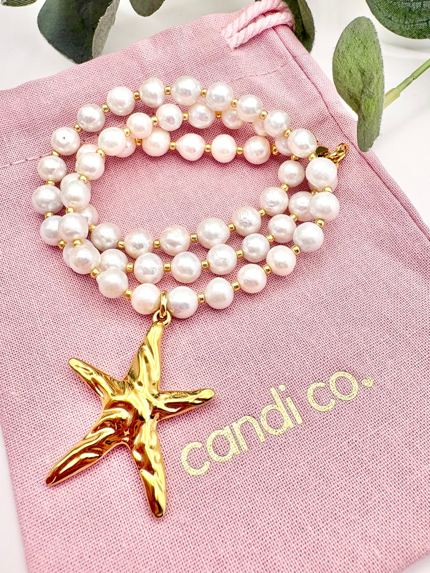 Starfish Charm Freshwater Pearl Necklace - Gold or Silver
