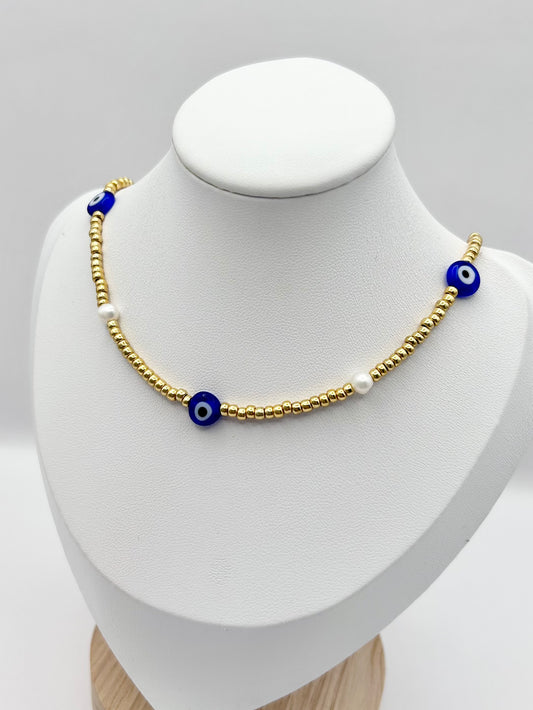 Seed Bead Evil Eye Freshwater Pearl Necklace Gold or Silver-Plated