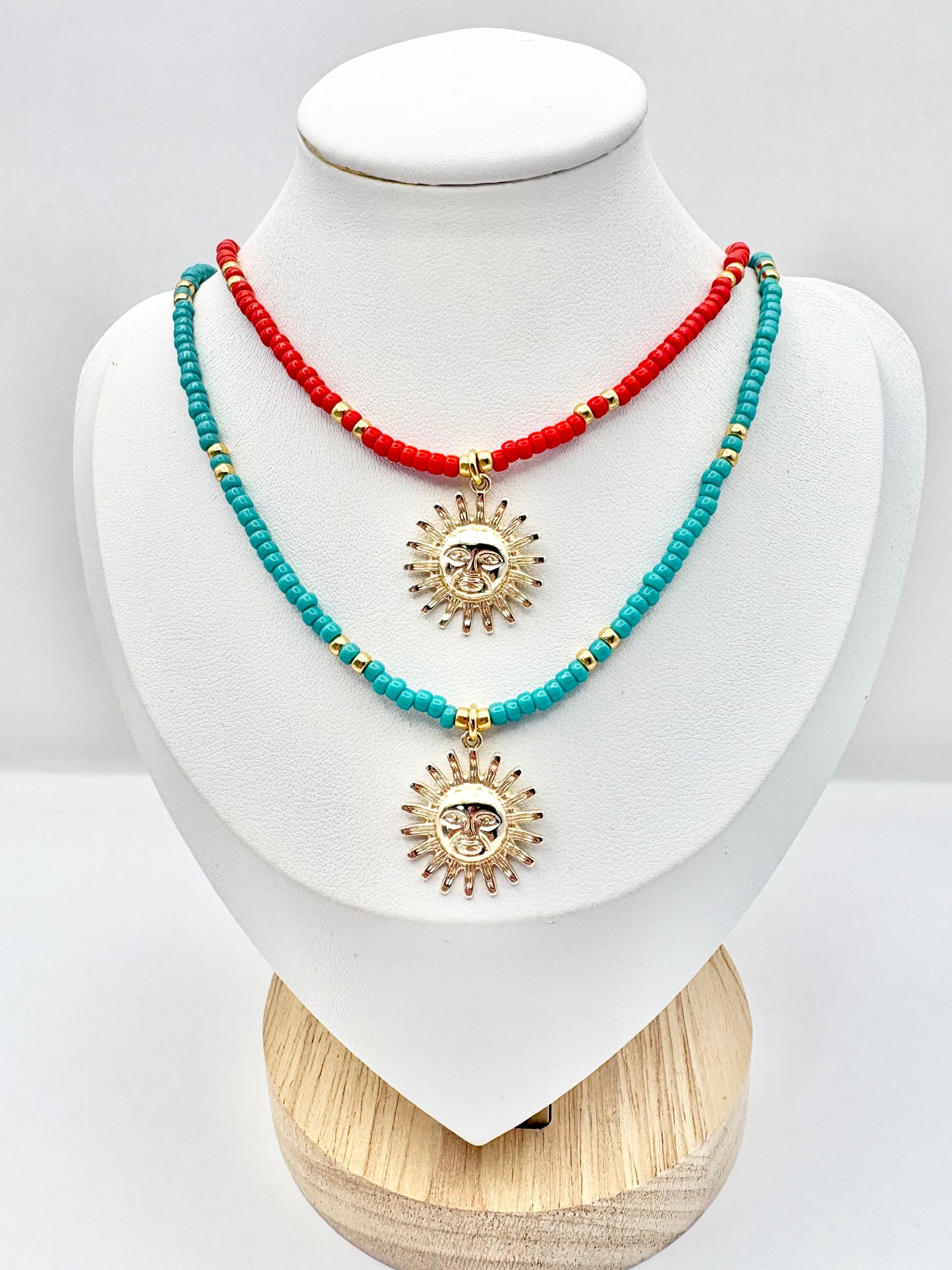 Seed Bead & Sunshine Pendant Necklace - Turquoise or Red