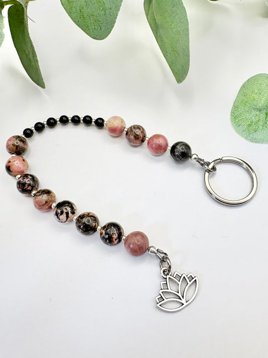 Breathing Beads Keyring - Rhodonite With Black Onyx