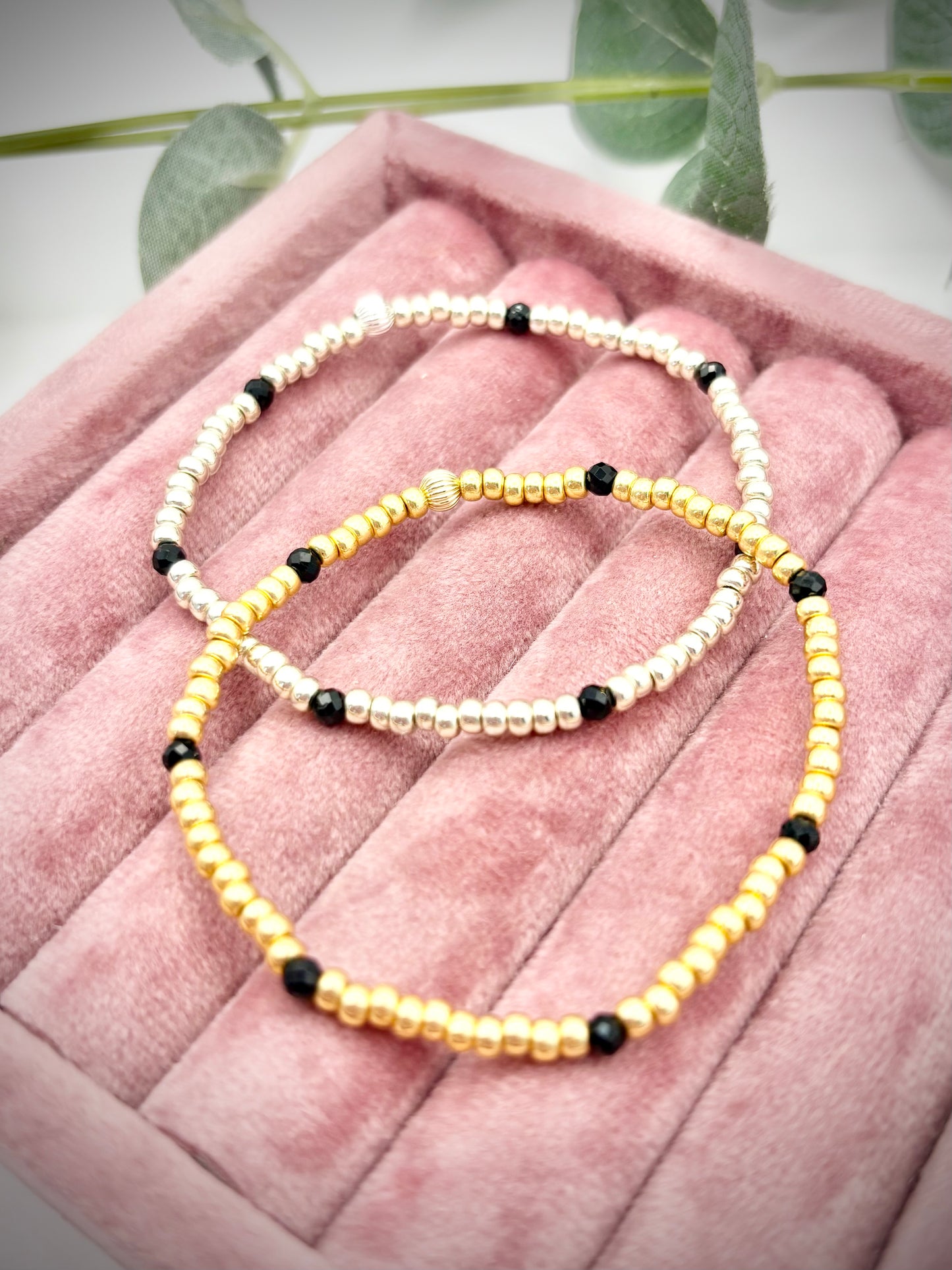 Seed Bead and Black Tourmaline Gemstone Bracelet - Gold or Silver