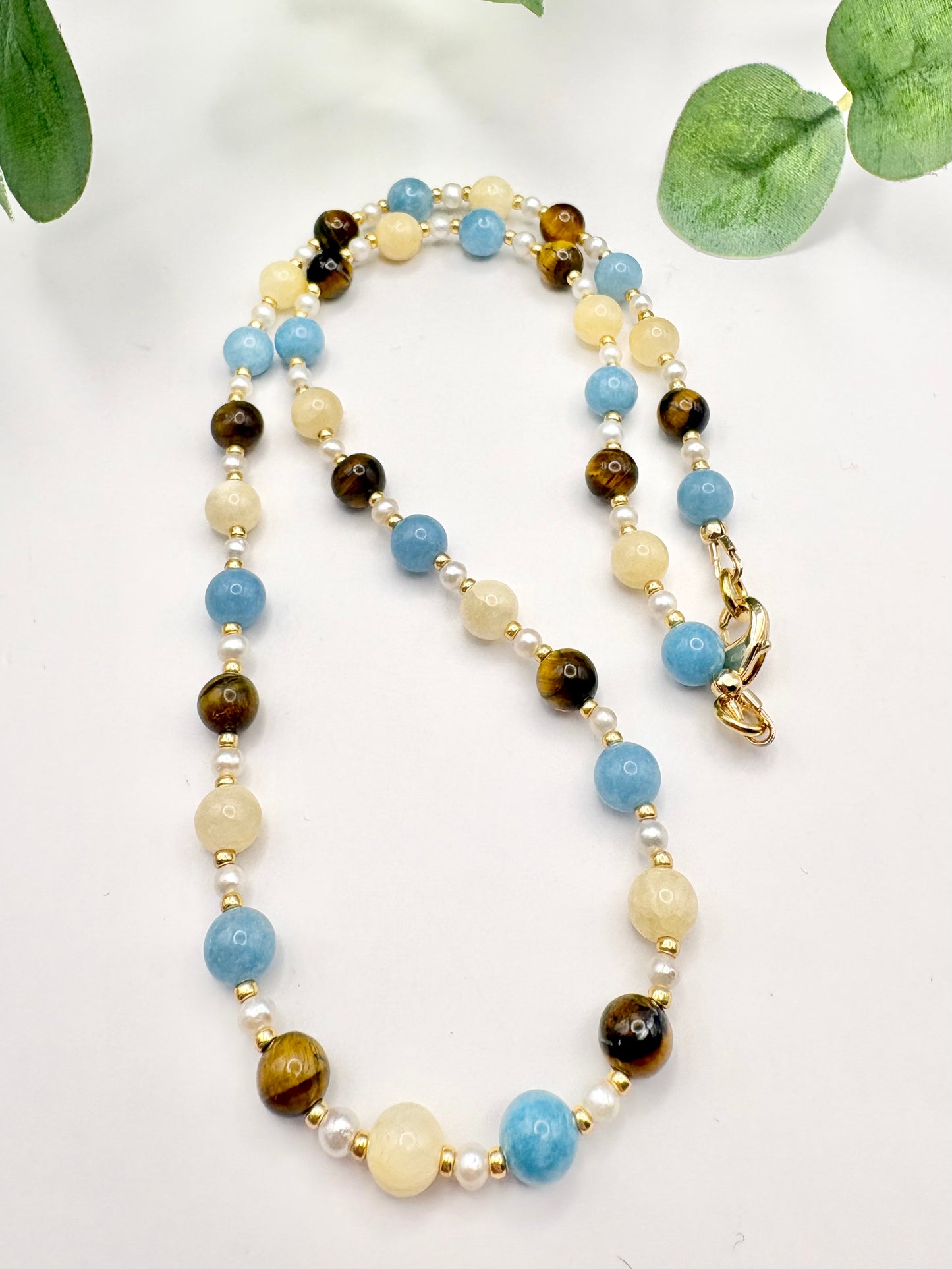 Tigers Eye, Honey Jade, Blue Sponge Quartz & Freshwater Pearl Necklace