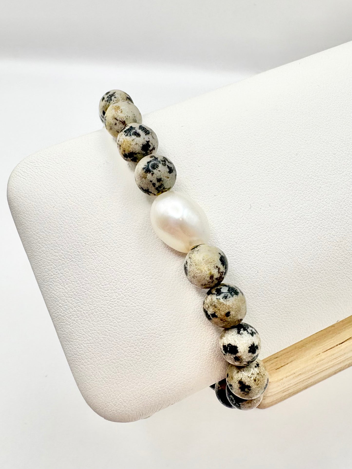 Handmade Dalmatian Jasper and Freshwater Pearl Bracelet SALE