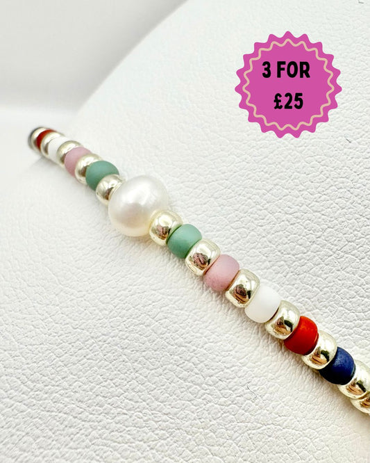 Seed Bead Stacking Bracelets - Silver Pearl