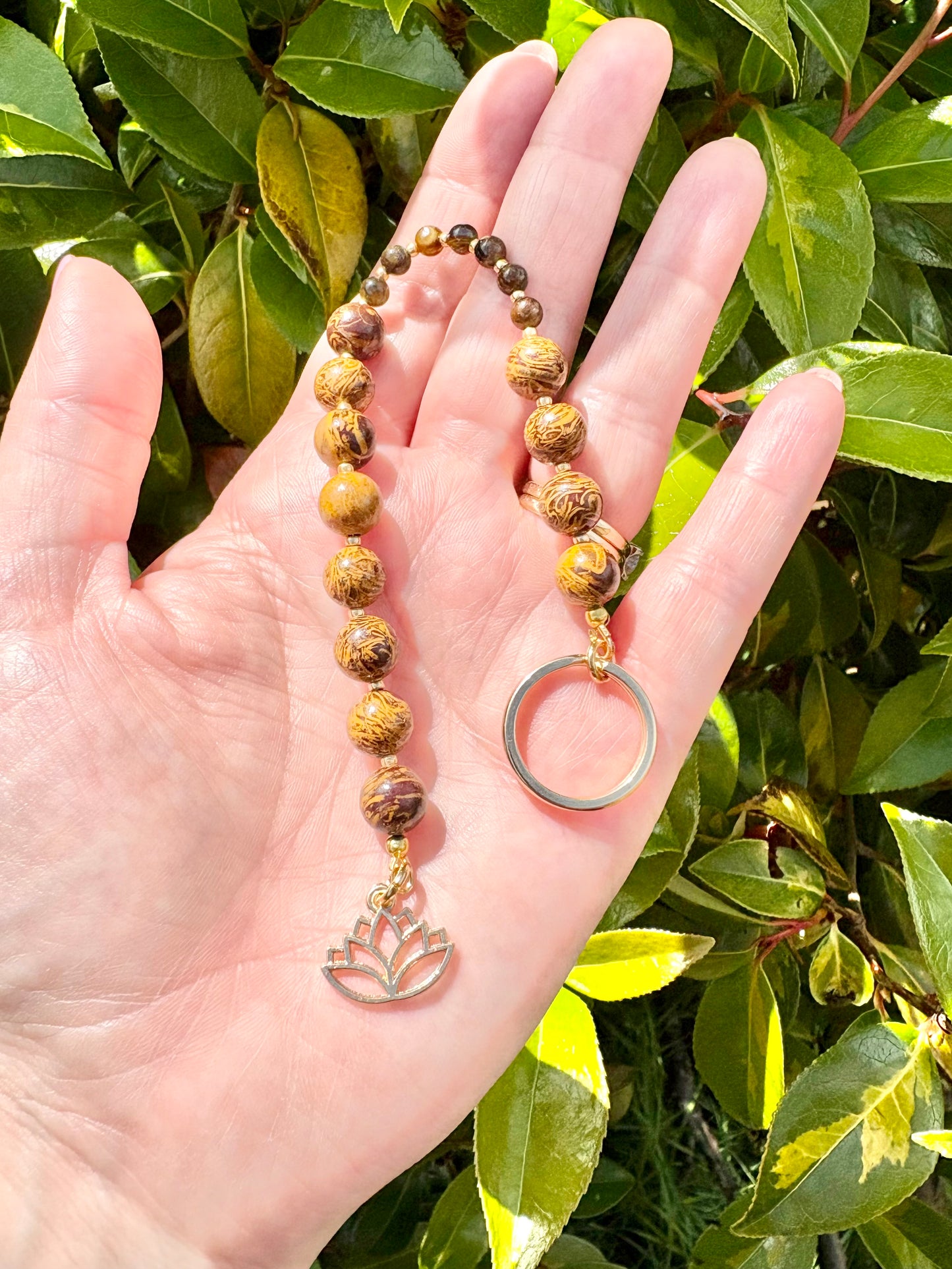 Breathing Beads Keyring - Brown Miriam Calligraphy With Tiger's Eye