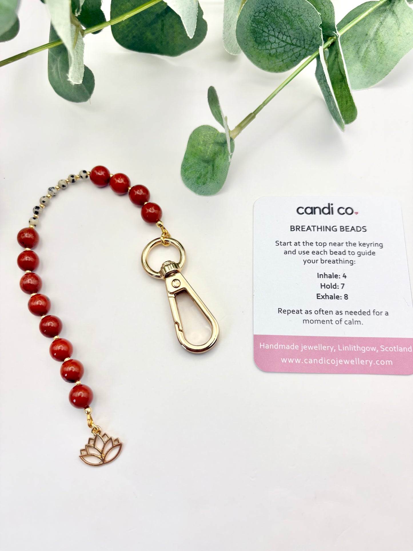 Breathing Beads Keyring - Red Jasper With Dalmatian Jasper