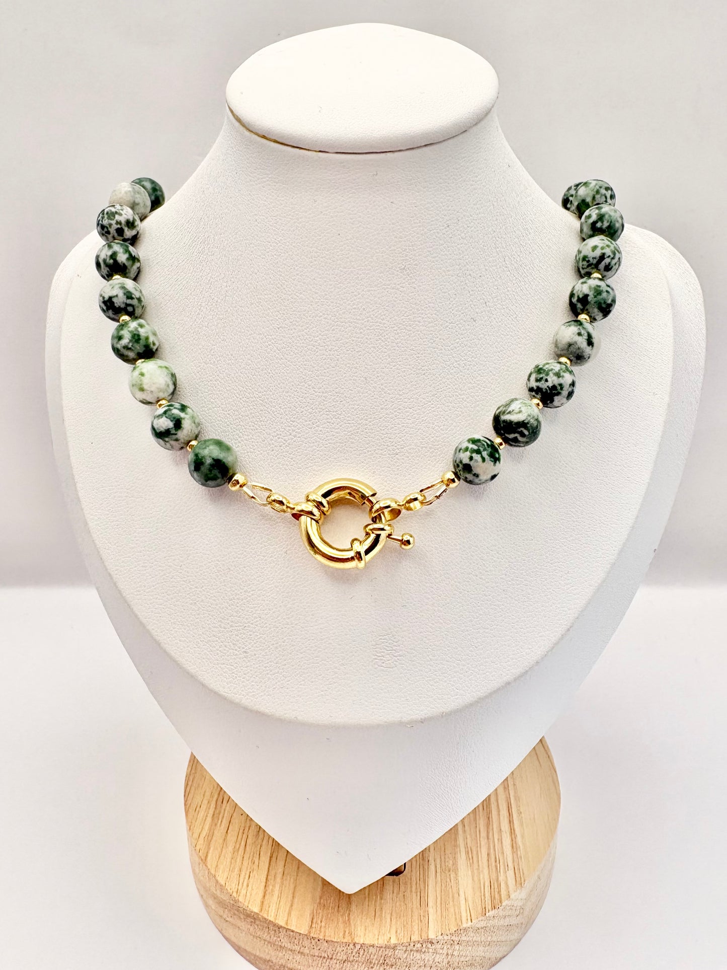Green & White Camouflage Jasper Gemstone Necklace, Spring Clasp