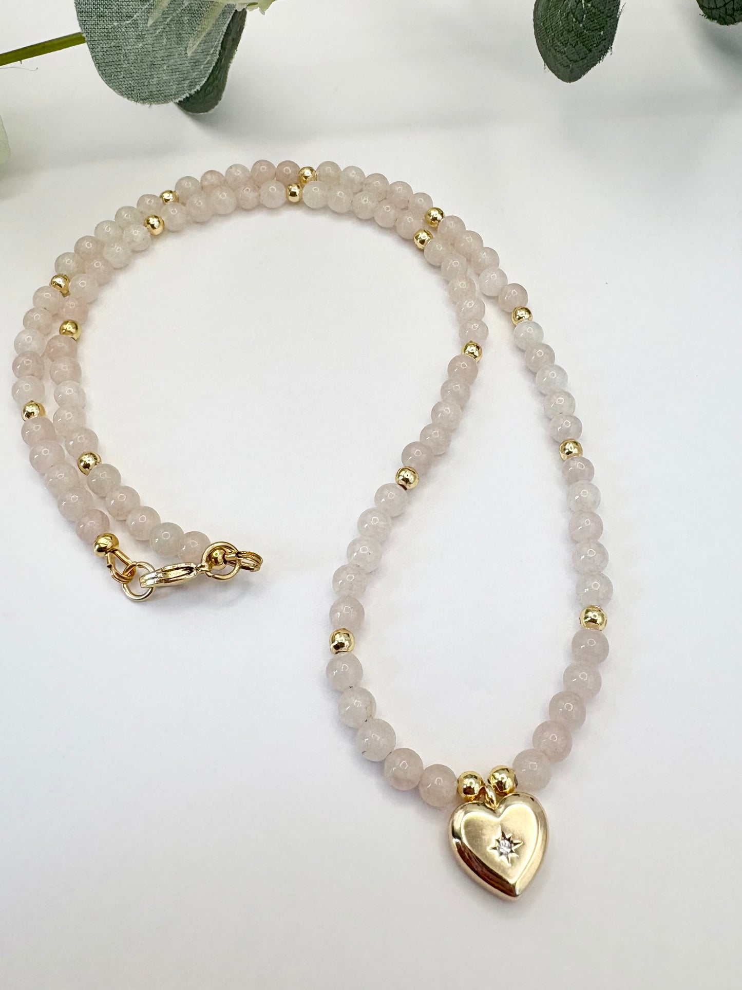 Rose Quartz Gemstone & Gold Heart Charm Necklace