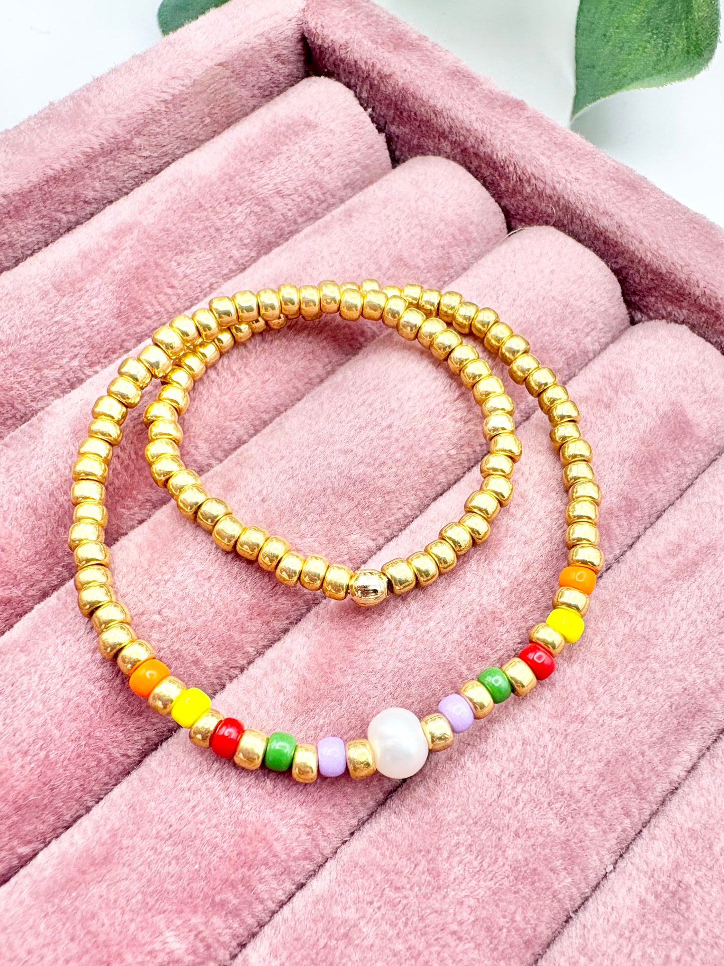 Colourful Seed Bead & Freshwater Pearl Anklet - Gold