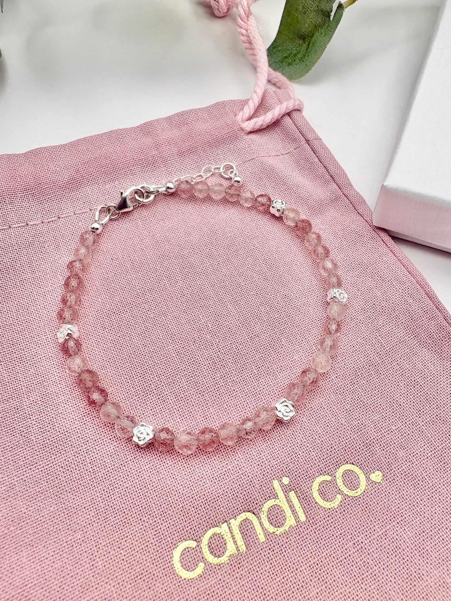 Strawberry Quartz Bracelet with Rose Charms - Sterling Silver