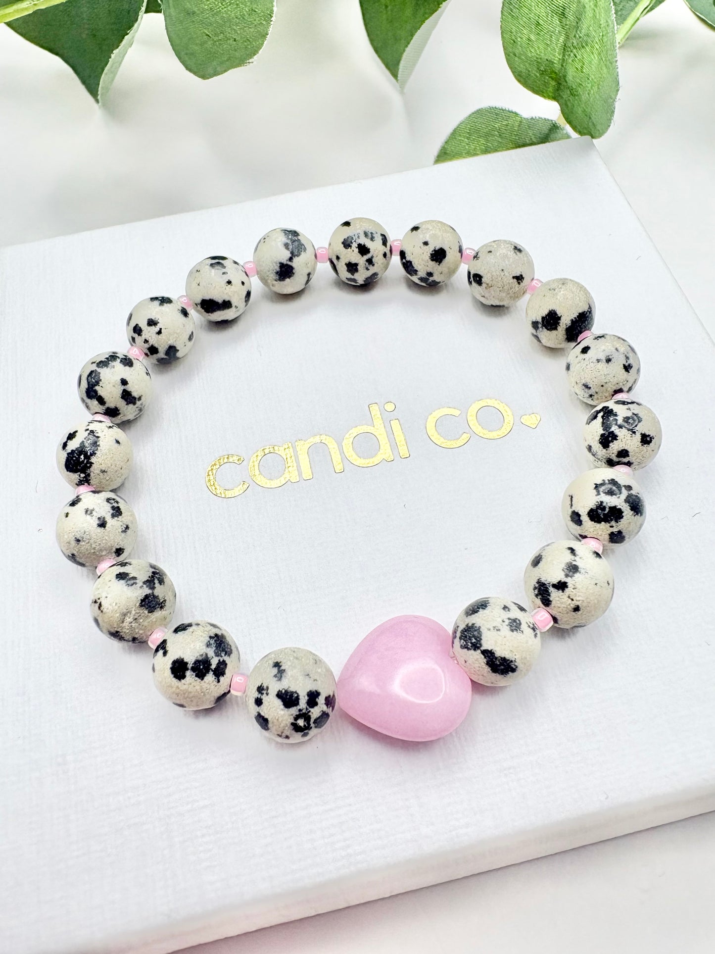 Dalmatian Jasper & Pink Heart Bracelet