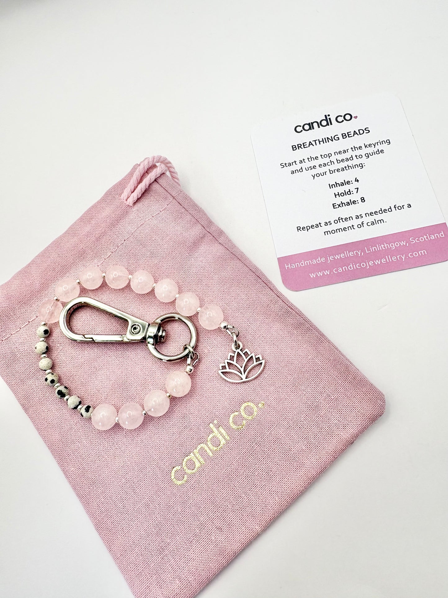 Breathing Beads Keyring - Rose Quartz With Dalmatian Jasper