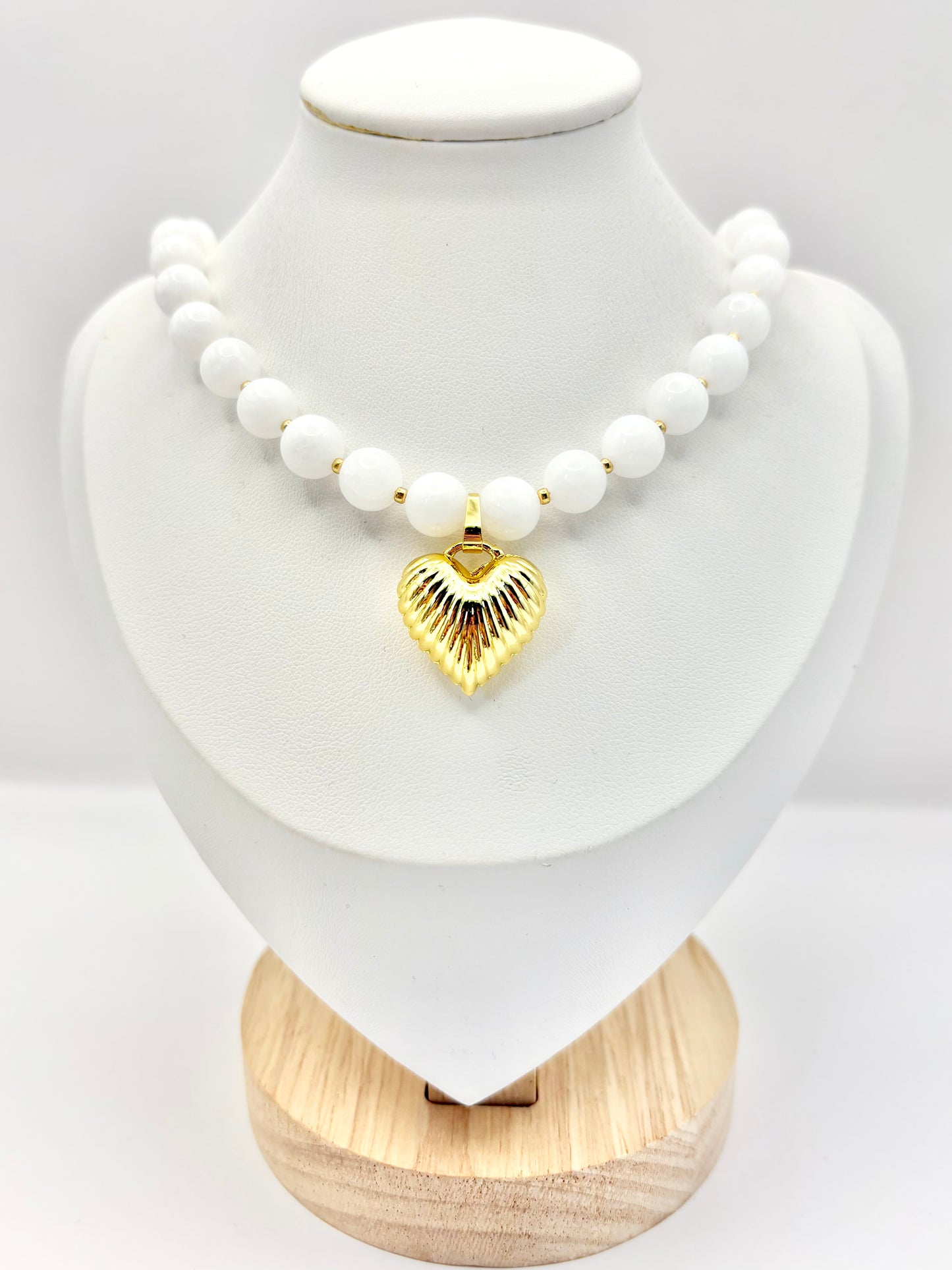 White Gemstone and Puffy Heart Pendant Necklace