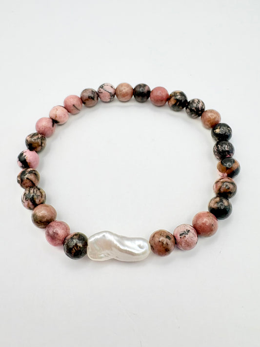 Rhodonite and Freshwater Pearl Bracelet - One of a Kind