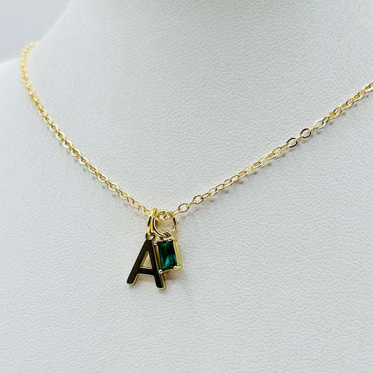 Dainty Initial Birthstone Necklace - Gold