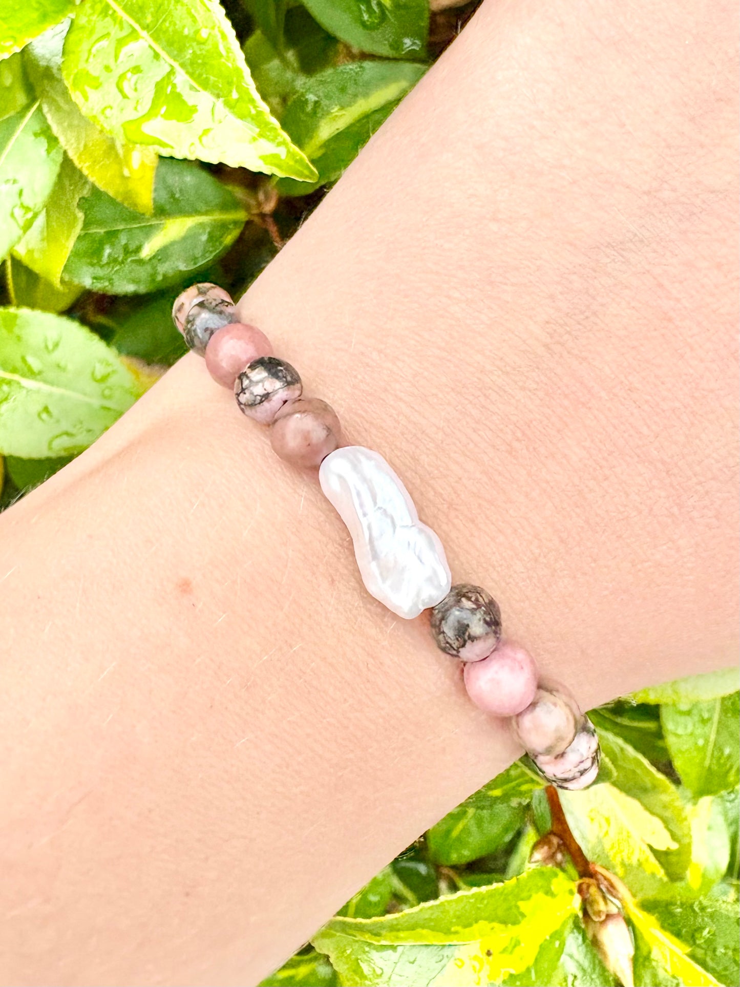 Rhodonite and Freshwater Pearl Bracelet - One of a Kind