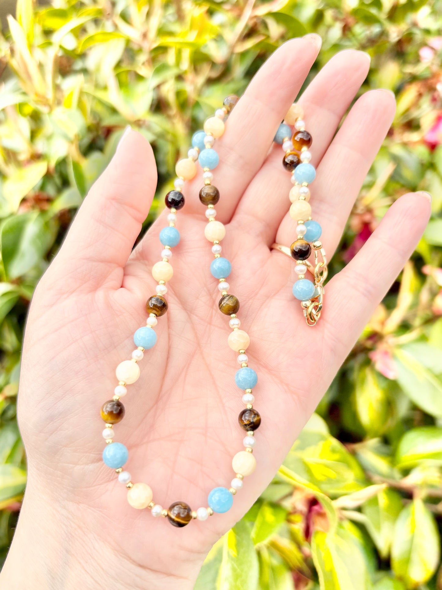 Tigers Eye, Honey Jade, Blue Sponge Quartz & Freshwater Pearl Necklace