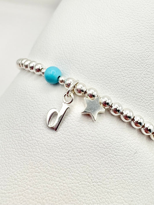 Initial, Birthstone and Charm Beaded Bracelet - Sterling Silver