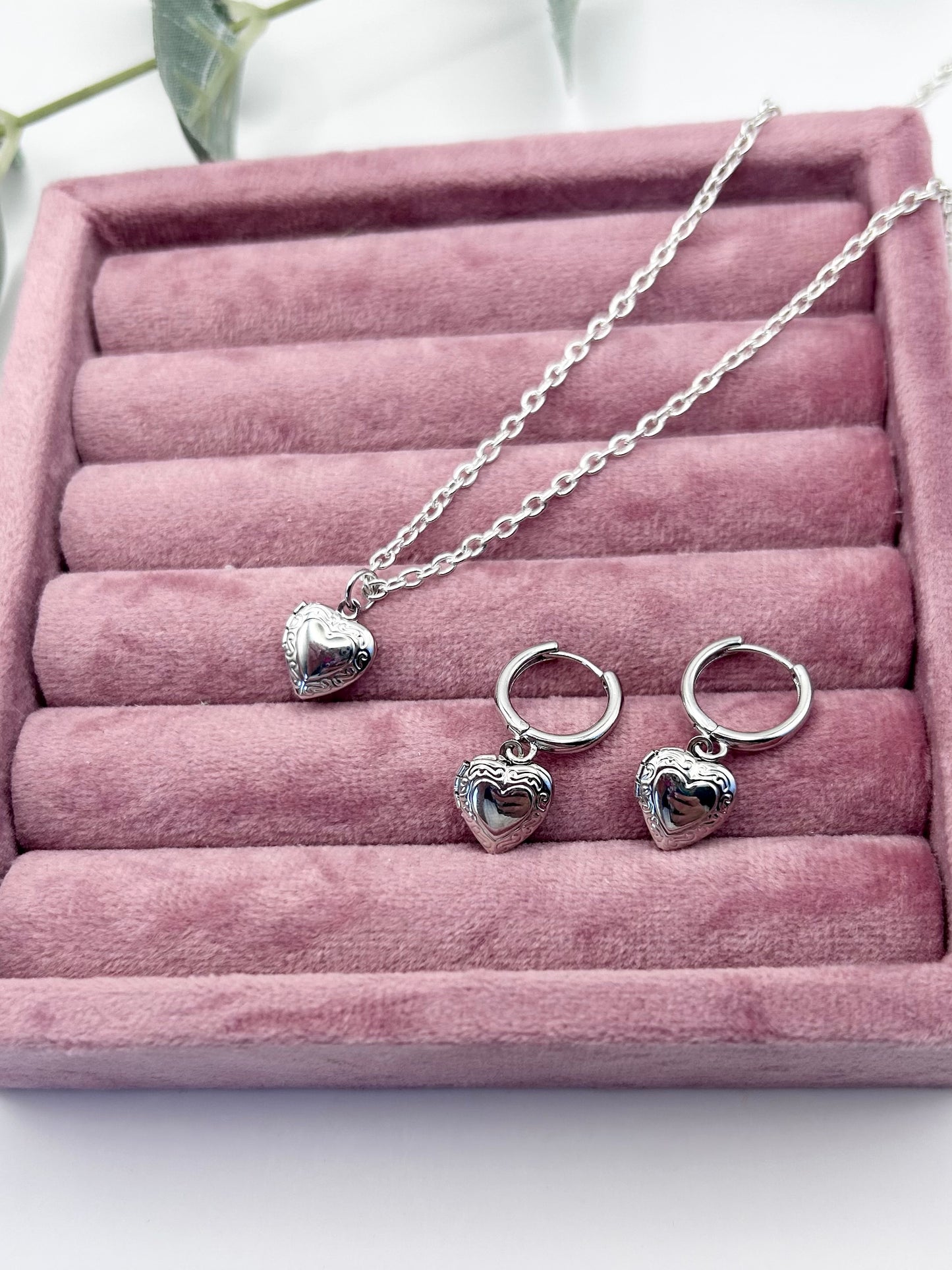 Silver vintage style heart locket bracelet and earrings set - SALE