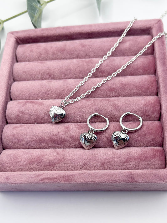 Silver vintage style heart locket bracelet and earrings set - SALE