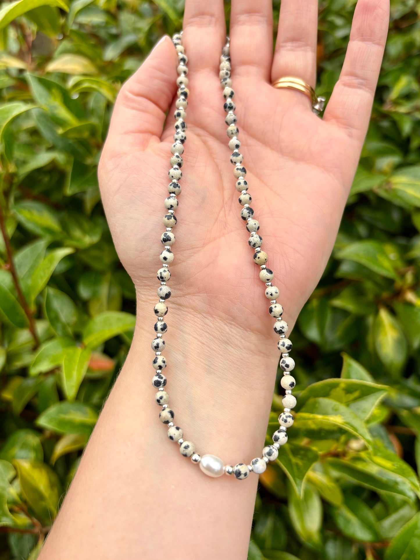 Dalmatian Jasper Gemstone With Freshwater Pearl Necklace - Sterling Silver or Plated
