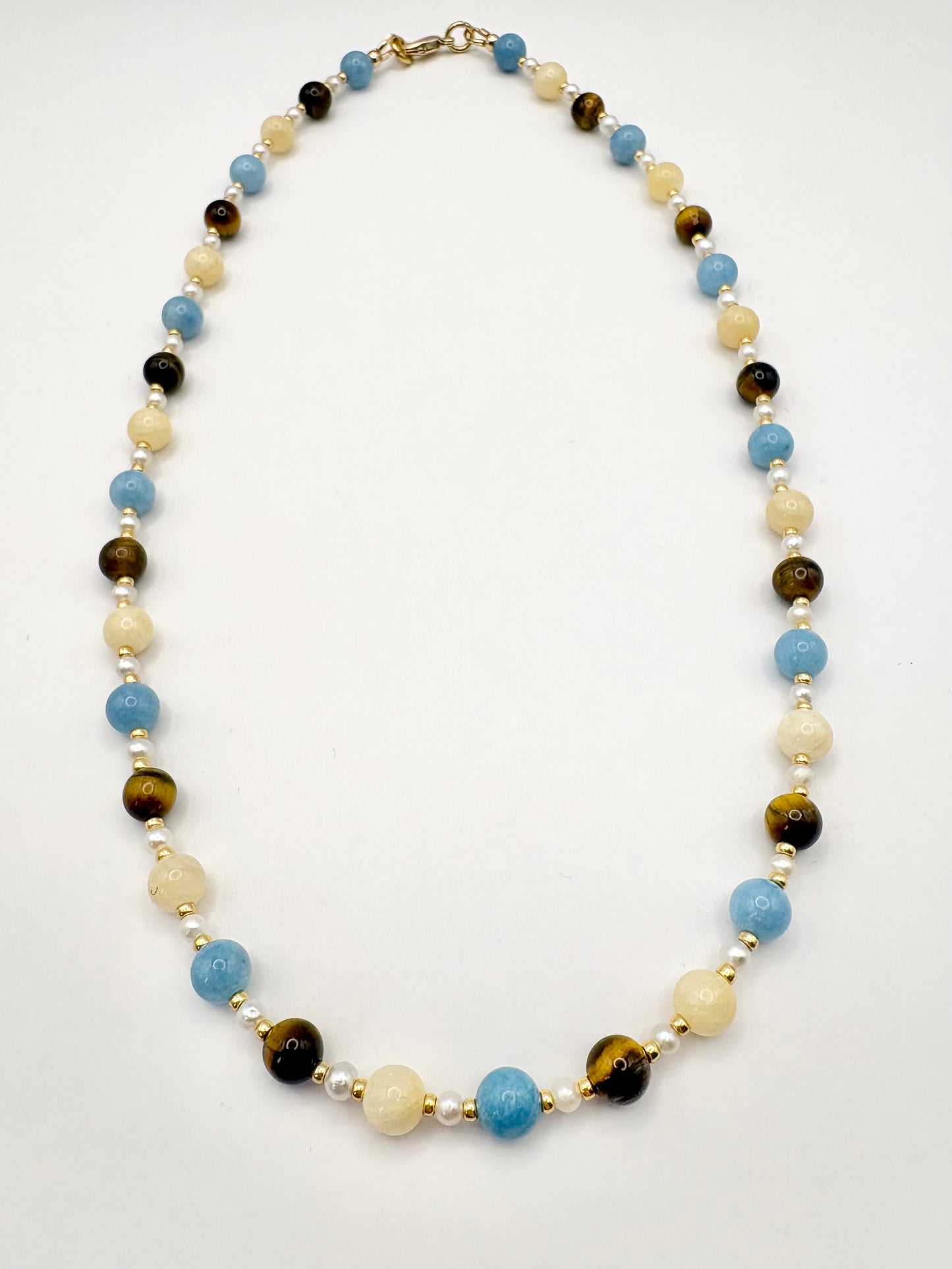 Tigers Eye, Honey Jade, Blue Sponge Quartz & Freshwater Pearl Necklace