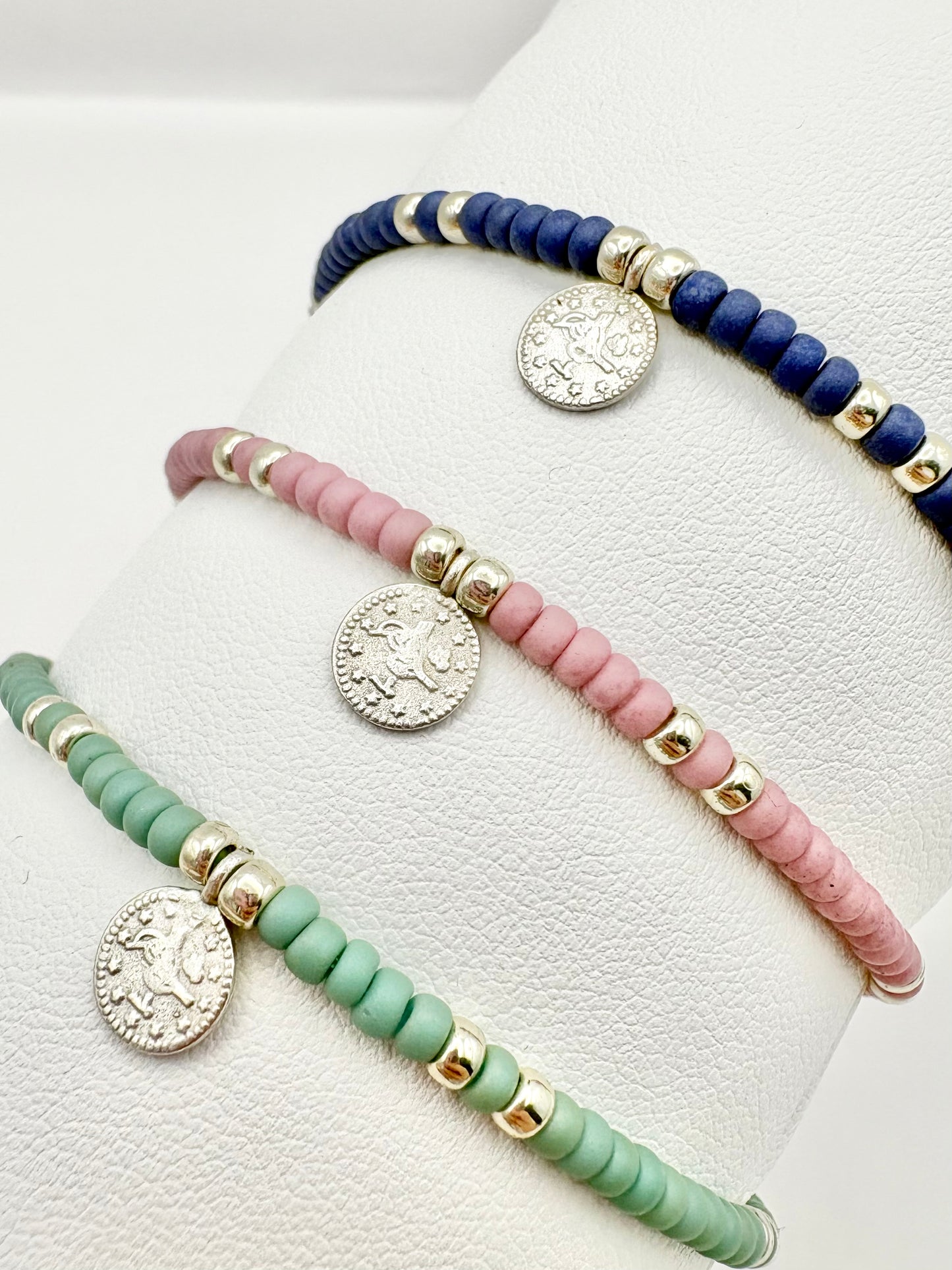 Boho Coin Seed Bead Bracelet - Navy, Pink, Sage